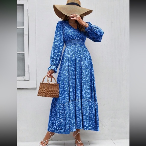 Boho polka dots flounce sleeve ruffle hem maxi dress fall - Picture 4 of 6